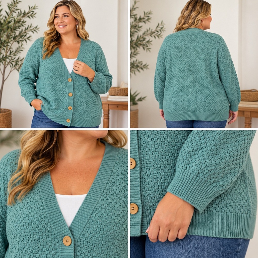 L.L.Bean Womens 3X Plus Green Basketweave Cotton Cardigan Sweater